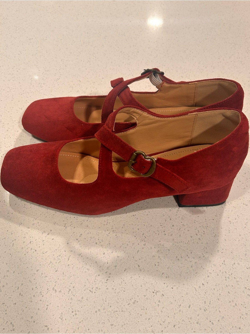 Red Suede Mary Jane Heels - Classic Cross Strap - Picture 2 of 3